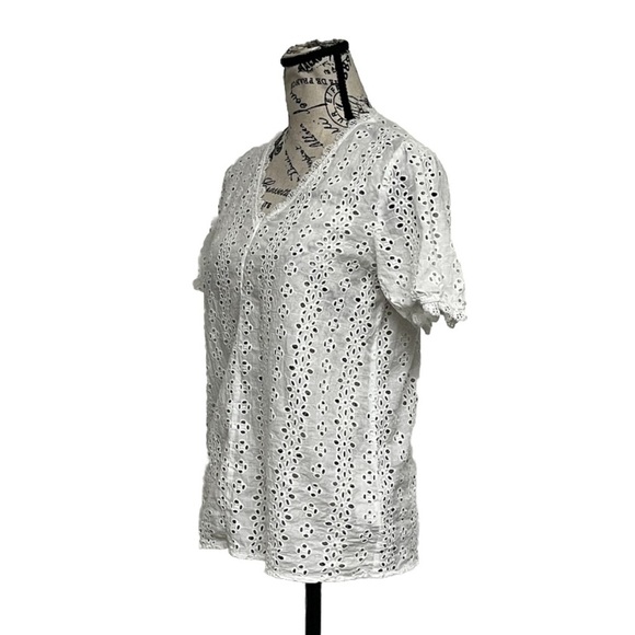 Guipure Lace Insert Puff Sleeve Schiffy Blouse Ivory Eyelet Crochet Sheer Boho S - Picture 3 of 10